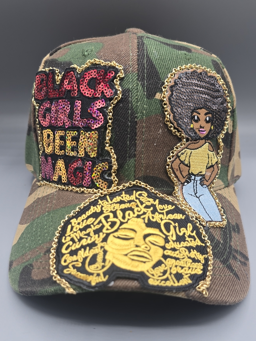 Camo Embellished 'Black Girls Mean Magic' Sequin Patch Cap